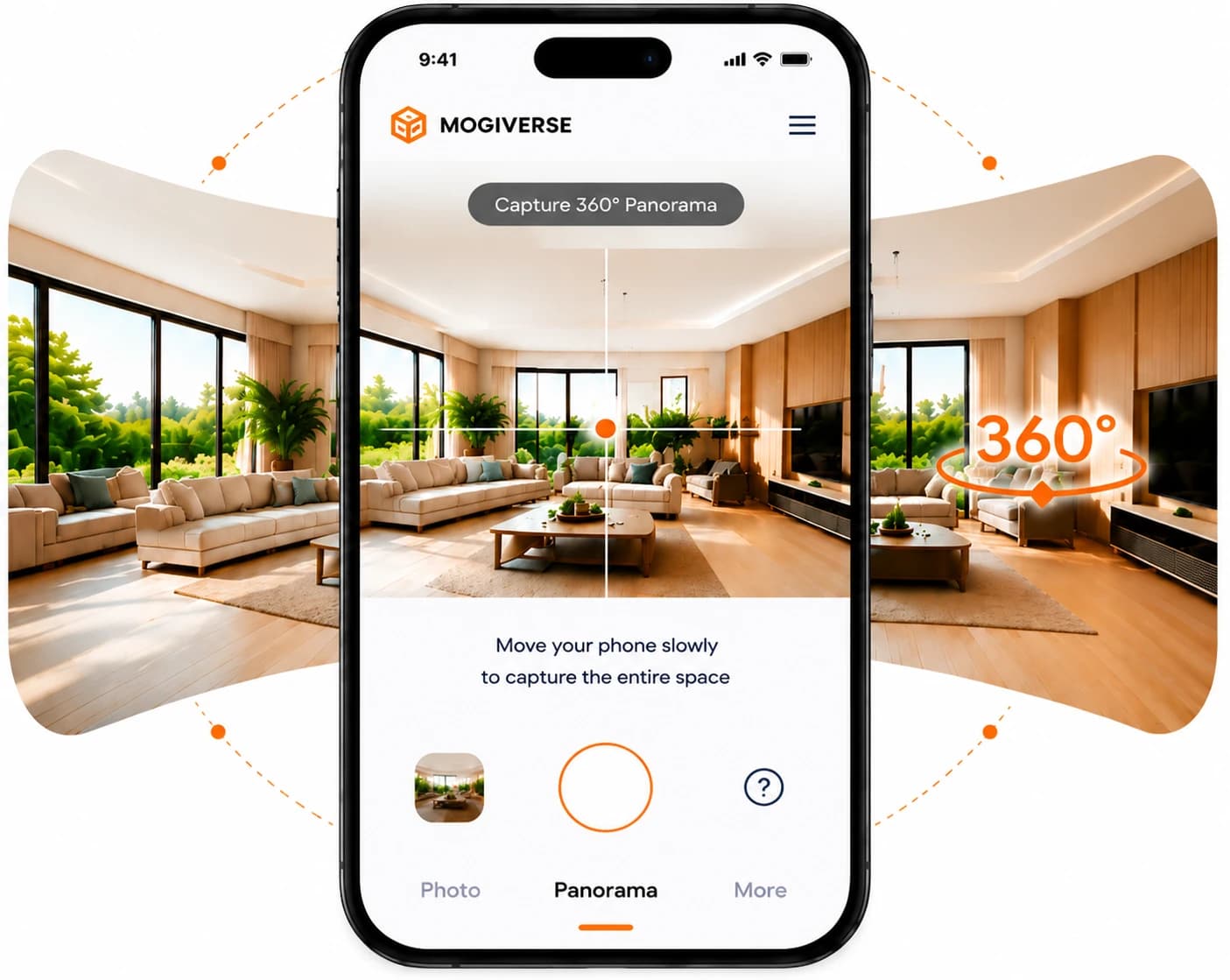 Mogiverse app capturing a 360° panorama of a living room